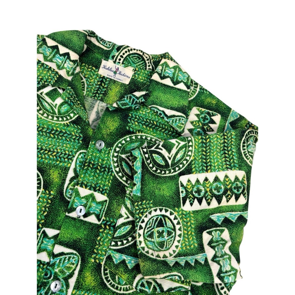 Hukilau Fashions Shirt Mens M Hawaiian Barkcloth Cotton Green Floral Vtg 60s 70s